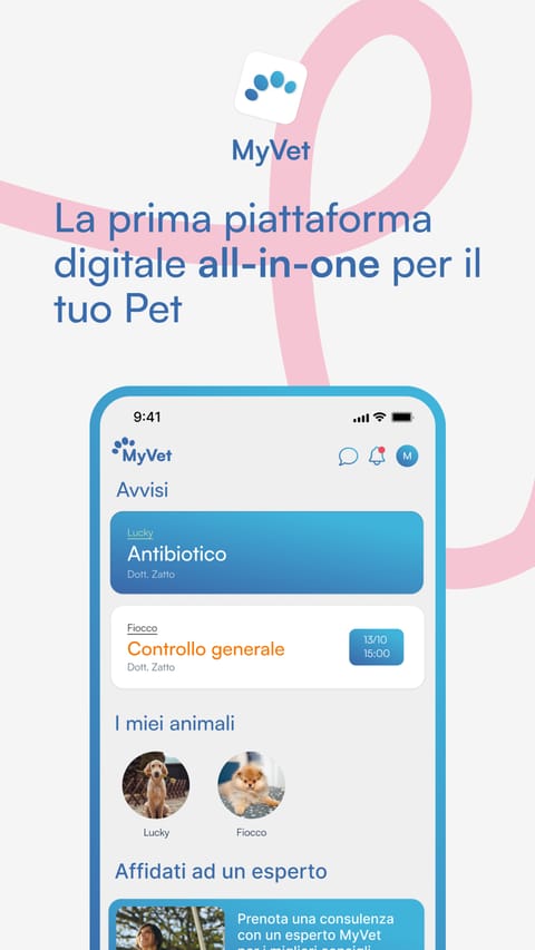 Schermata principale dell'app MyVet con avvisi clinici e i propri animali
